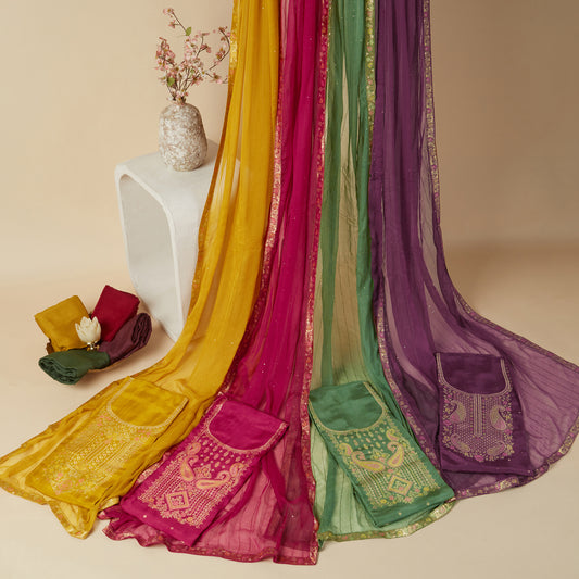 Javer Banarasi Silk  Golden Foil Flower Buttis Unstitched 3pcs Suit Set for Women