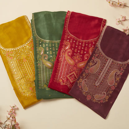 Javer Banarasi Silk  Golden Foil Flower Buttis Unstitched 3pcs Suit Set for Women