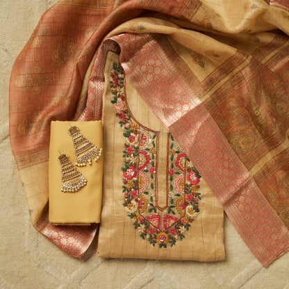 Javer Tissue Silk Kantha & French knots hand embroidered Dress Material