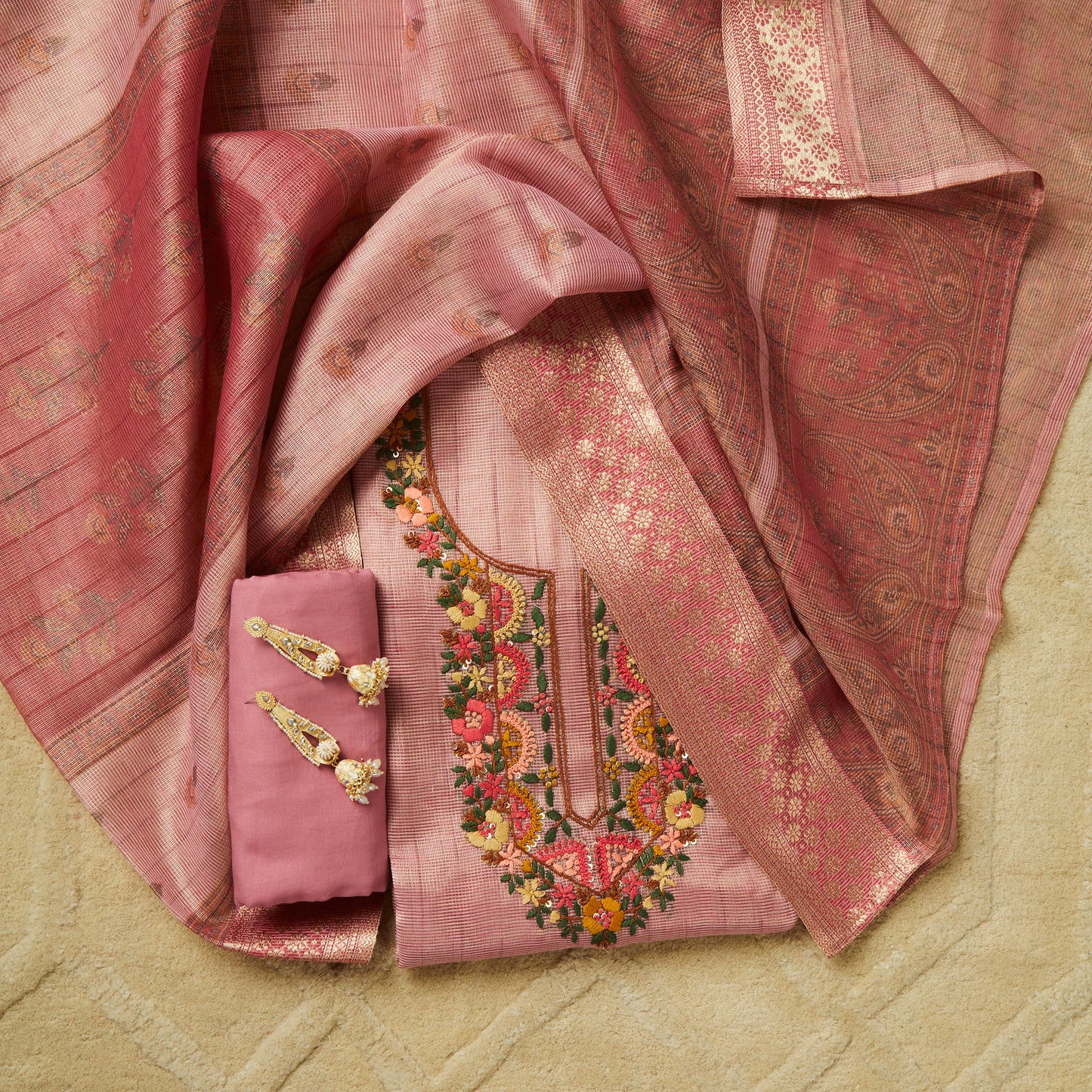 Javer Tissue Silk Kantha & French knots hand embroidered Dress Material