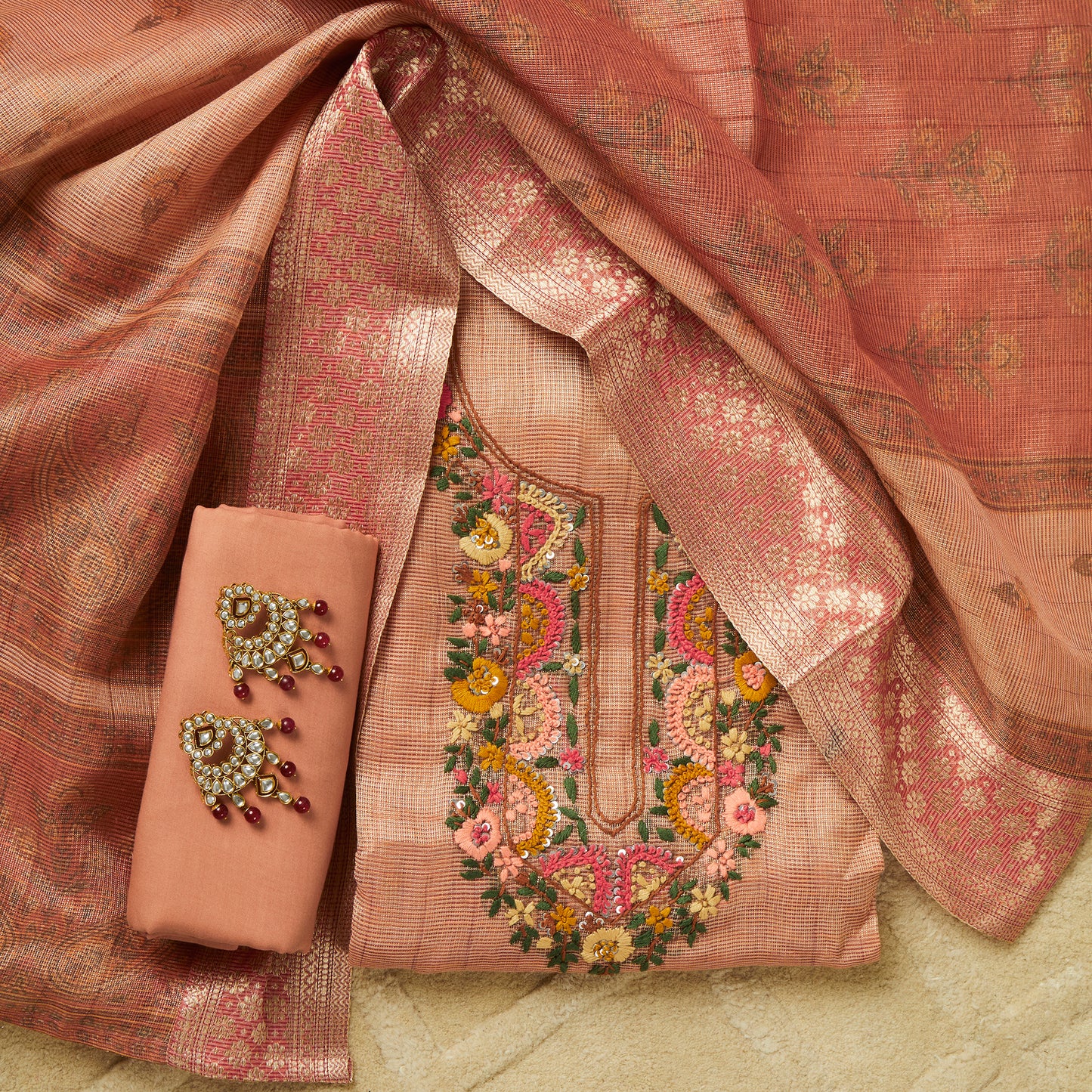 Javer Tissue Silk Kantha & French knots hand embroidered Dress Material