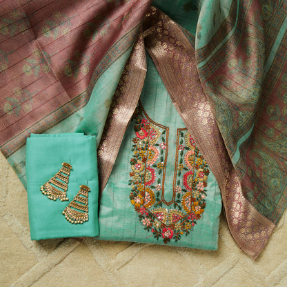 Javer Tissue Silk Kantha & French knots hand embroidered Dress Material