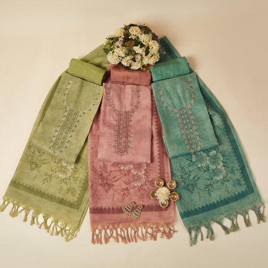Javer Floral Tissue Linen Zardosi Work Unstitched 3pcs Suit Set for Women