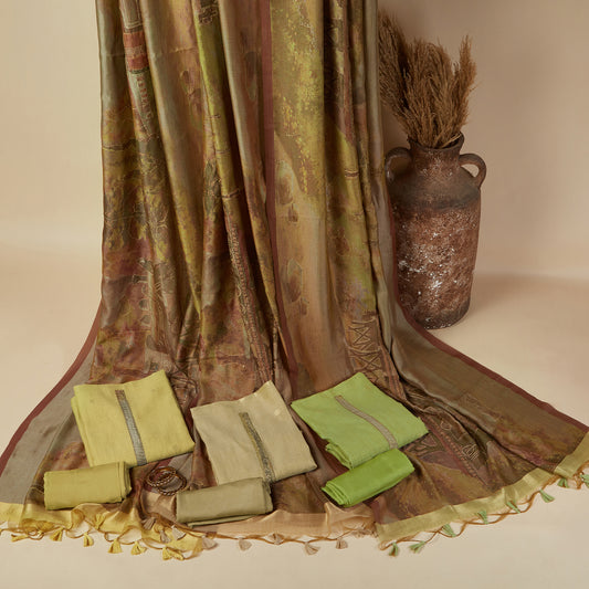 Javer Scenic Chanderi Silk Kantha Work Unstitched 3pcs Suit Set for Women