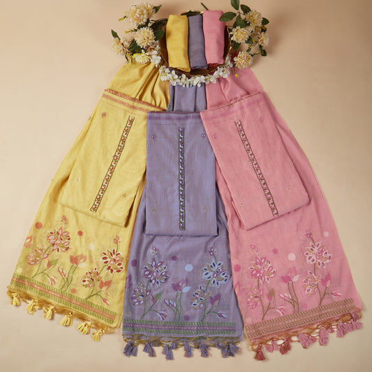Javer Chanderi Silk Floral French Knots with Jamdani Weave dupatta Unstitched Suit Set