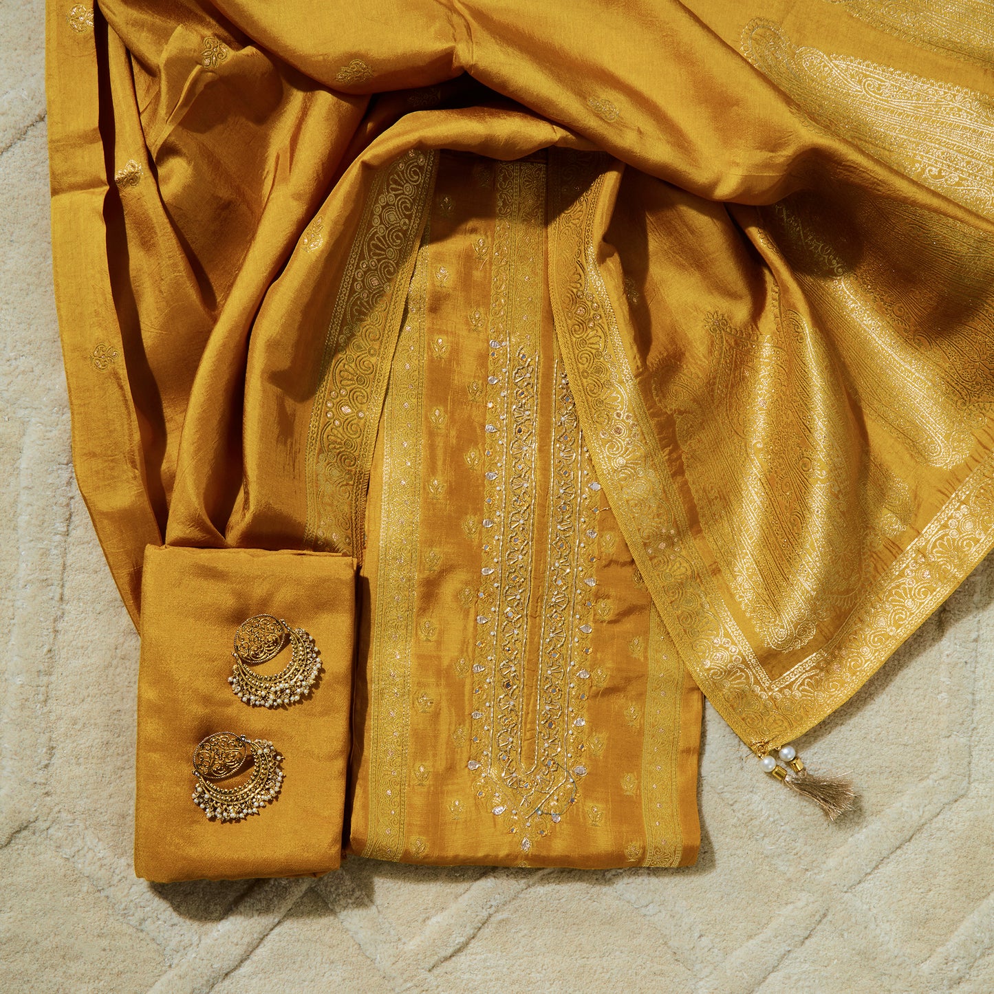 Javer Banarasi Silk Woven Zardosi Work & Golden foil Dress Material