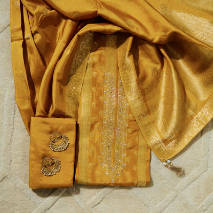 Javer Banarasi Silk Woven Zardosi Work & Golden foil Dress Material