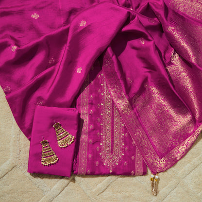 Javer Banarasi Silk Woven Zardosi Work & Golden foil Dress Material