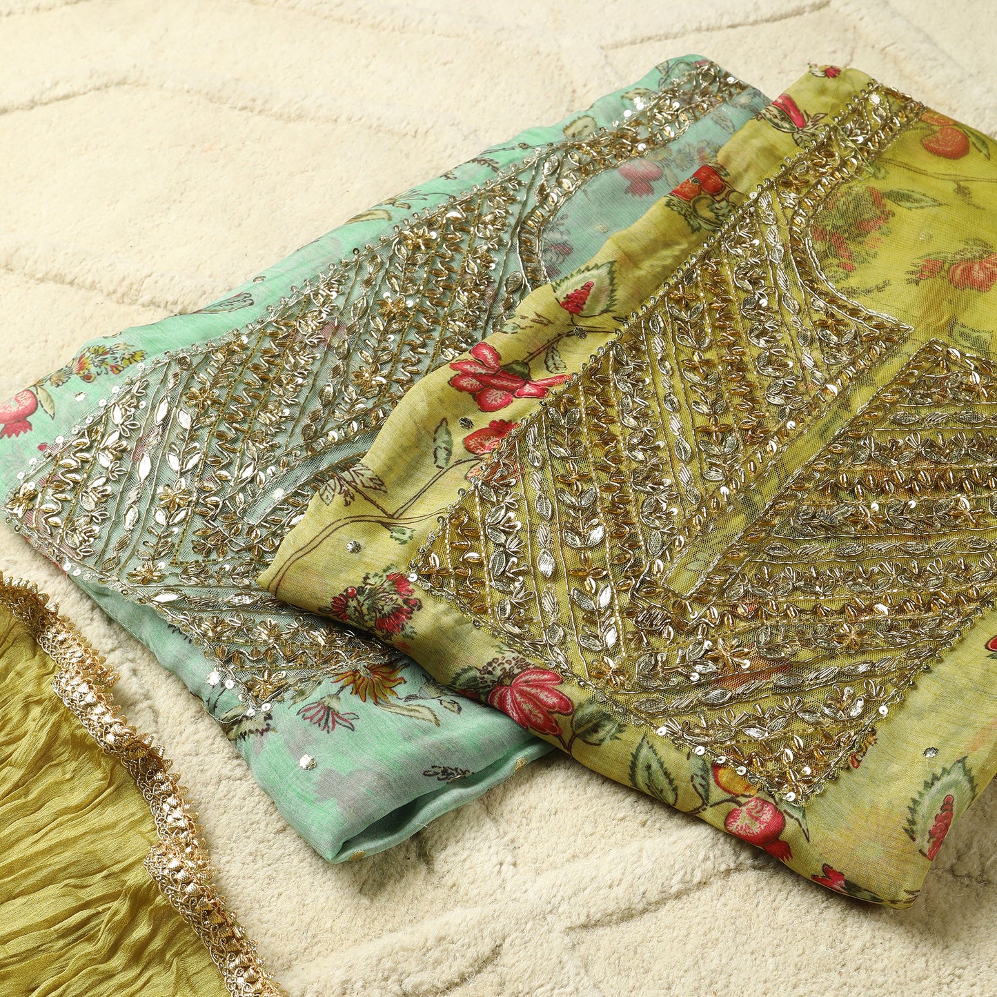 Javer Unstitched Suit Set for Women - Organza Kalamkari print with Zardosi work