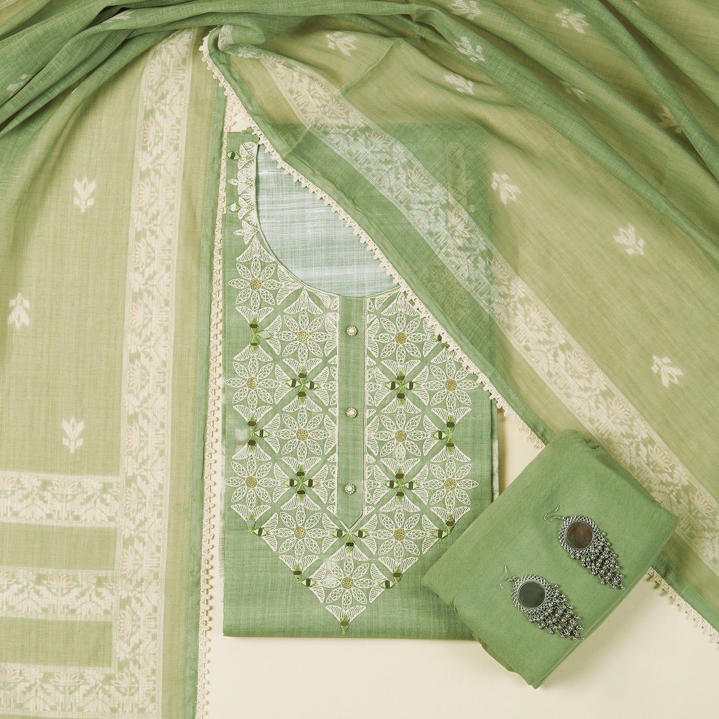 Javer Kota Silk Mirror & Thread Work Buttis Unstitched 3pcs Suit Set for Women