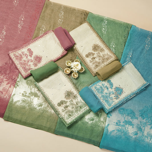 Javer Scenic printed Chanderi Silk Pita & Mirror Hand Work Unstitched 3pcs Suit Set