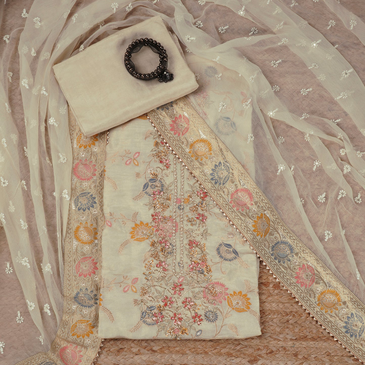 Javer Banarasi Silk Zardosi Work Unstitched Dress Material for Women