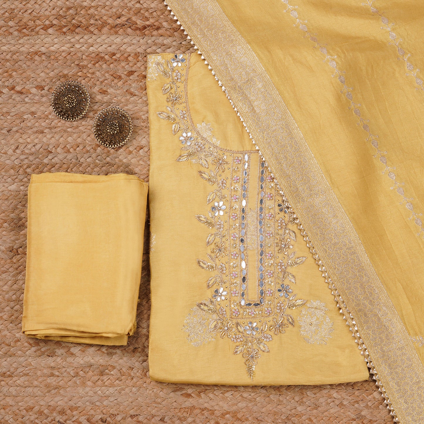 Javer Unstitched Dress Material for Women - Banarasi Silk Golden Foil & Zardosi Work