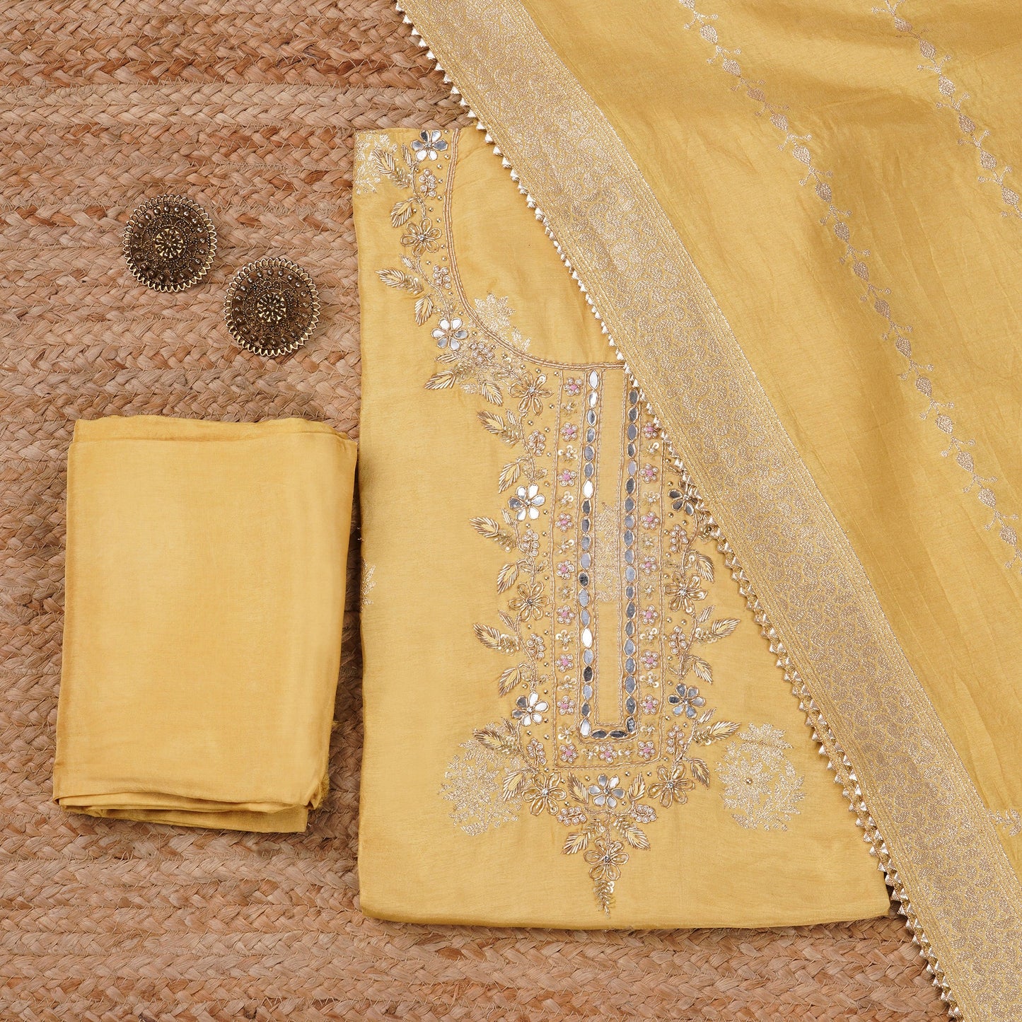 Javer Unstitched Dress Material for Women - Banarasi Silk Golden Foil & Zardosi Work