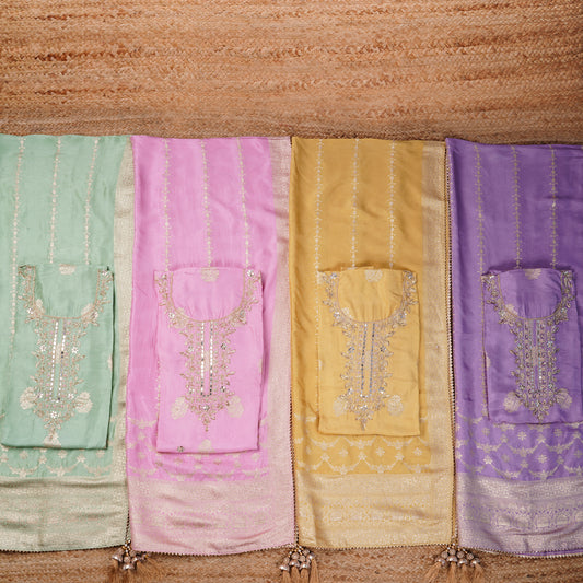 Javer Banarasi Silk Golden Foil & Zardosi Work Unstitched Dress Material for Women