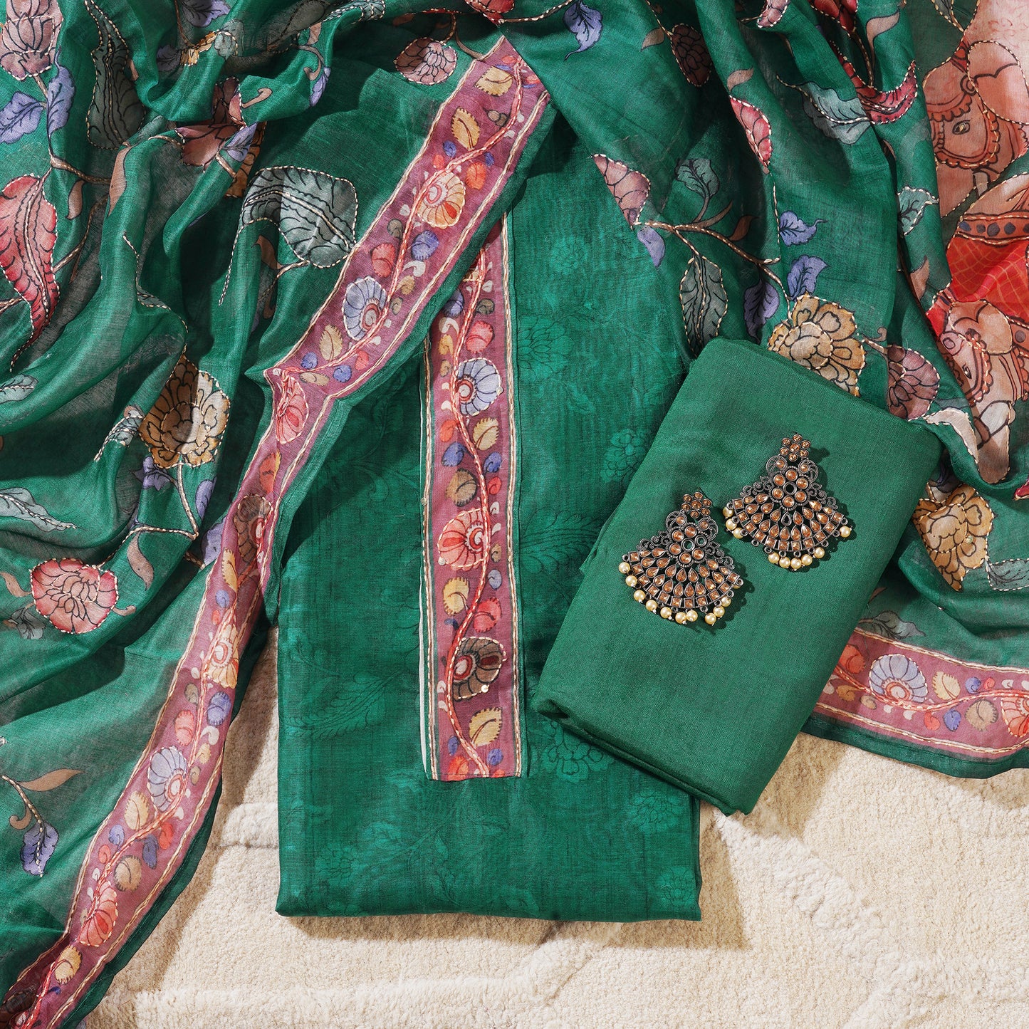 Chanderi Silk Kalamkari Print Kantha Work Unstitched Dress Material