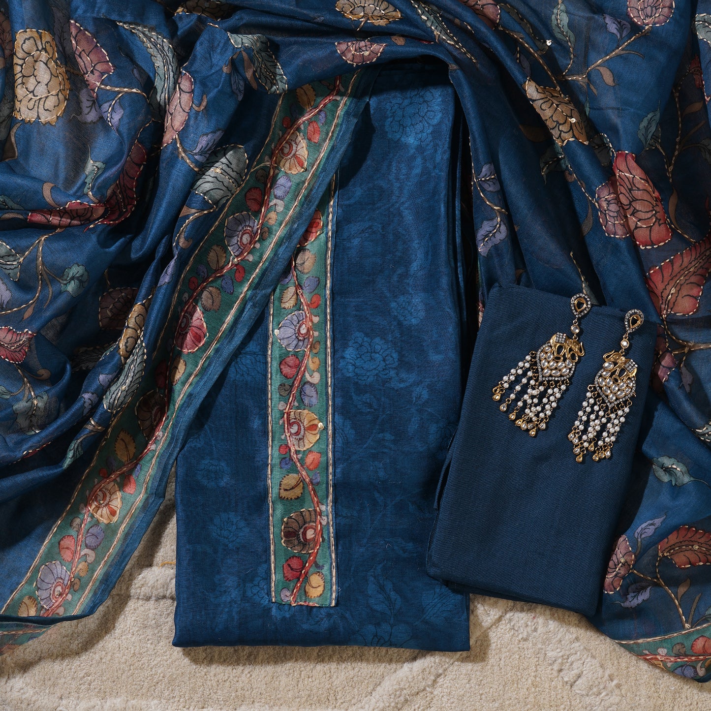 Chanderi Silk Kalamkari Print Kantha Work Unstitched Dress Material