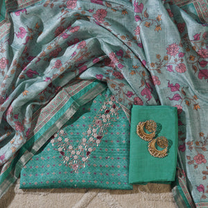  - Chanderi Silk Floral Print Zardosi Work Unstitched Suit Set