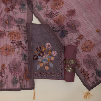 Javer Checkered Linen Kantha hand embroidery & French knots Dress Material