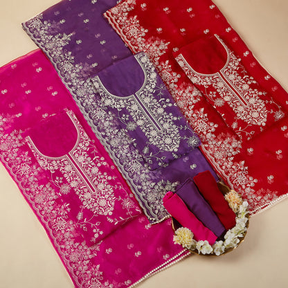 Javer Tissue Silk all-over Floral Parsi Thread Work Unstitched 3 pcs Dress Material