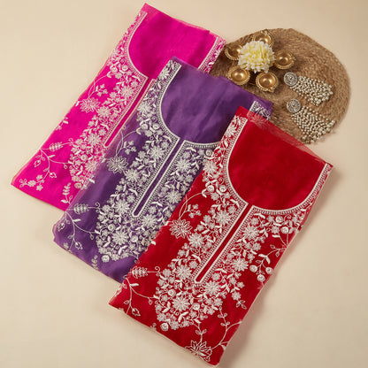 Javer Tissue Silk all-over Floral Parsi Thread Work Unstitched 3 pcs Dress Material