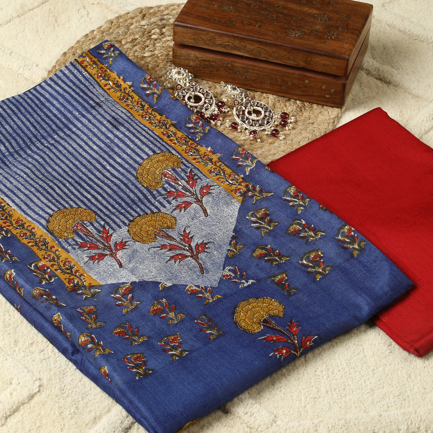 Javer Unstitched Suit Set for Women - Tussar Silk Block Print Sequence Work