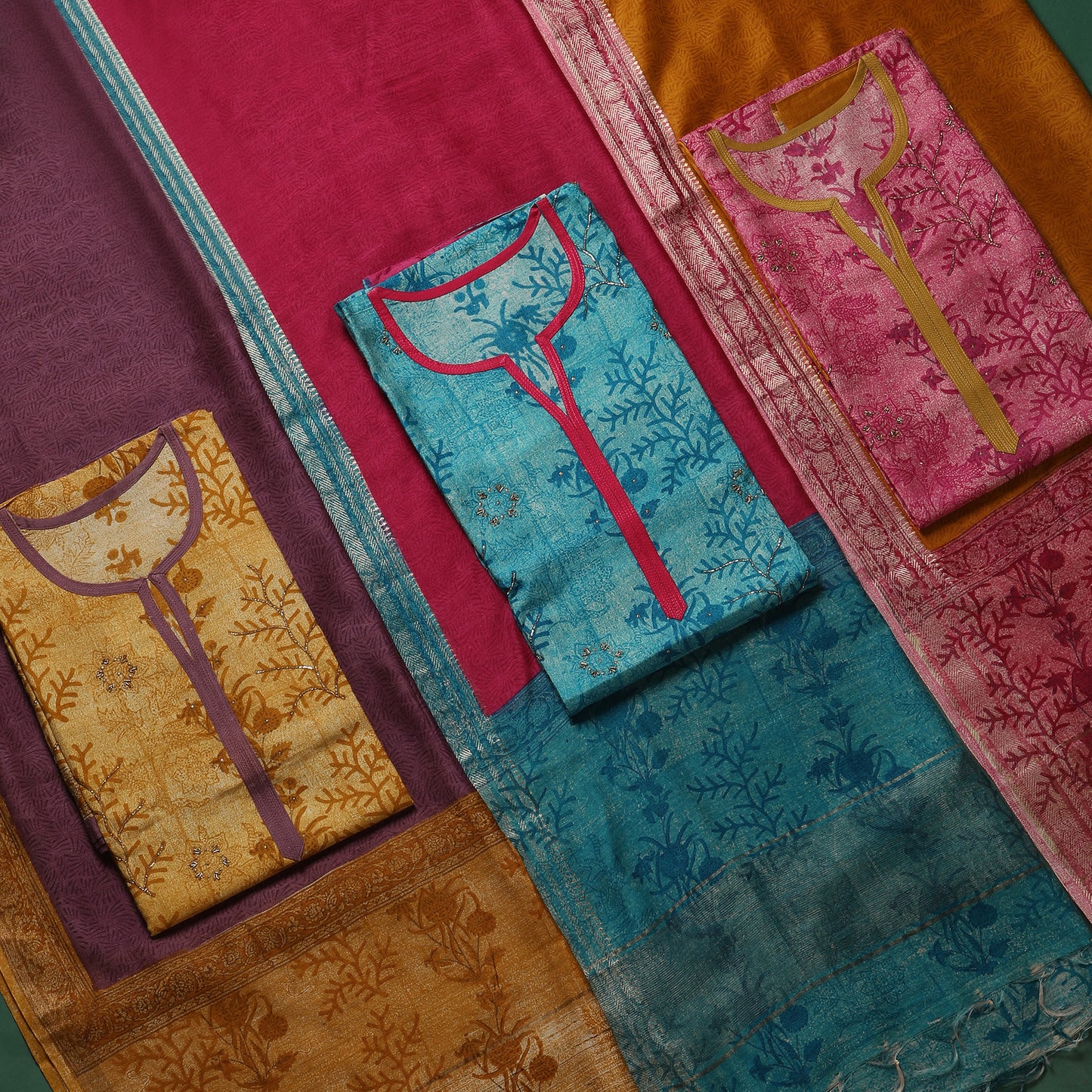 Javer Unstitched Suit Set for Women - Vibrant Tussar Silk Block Print Sequence