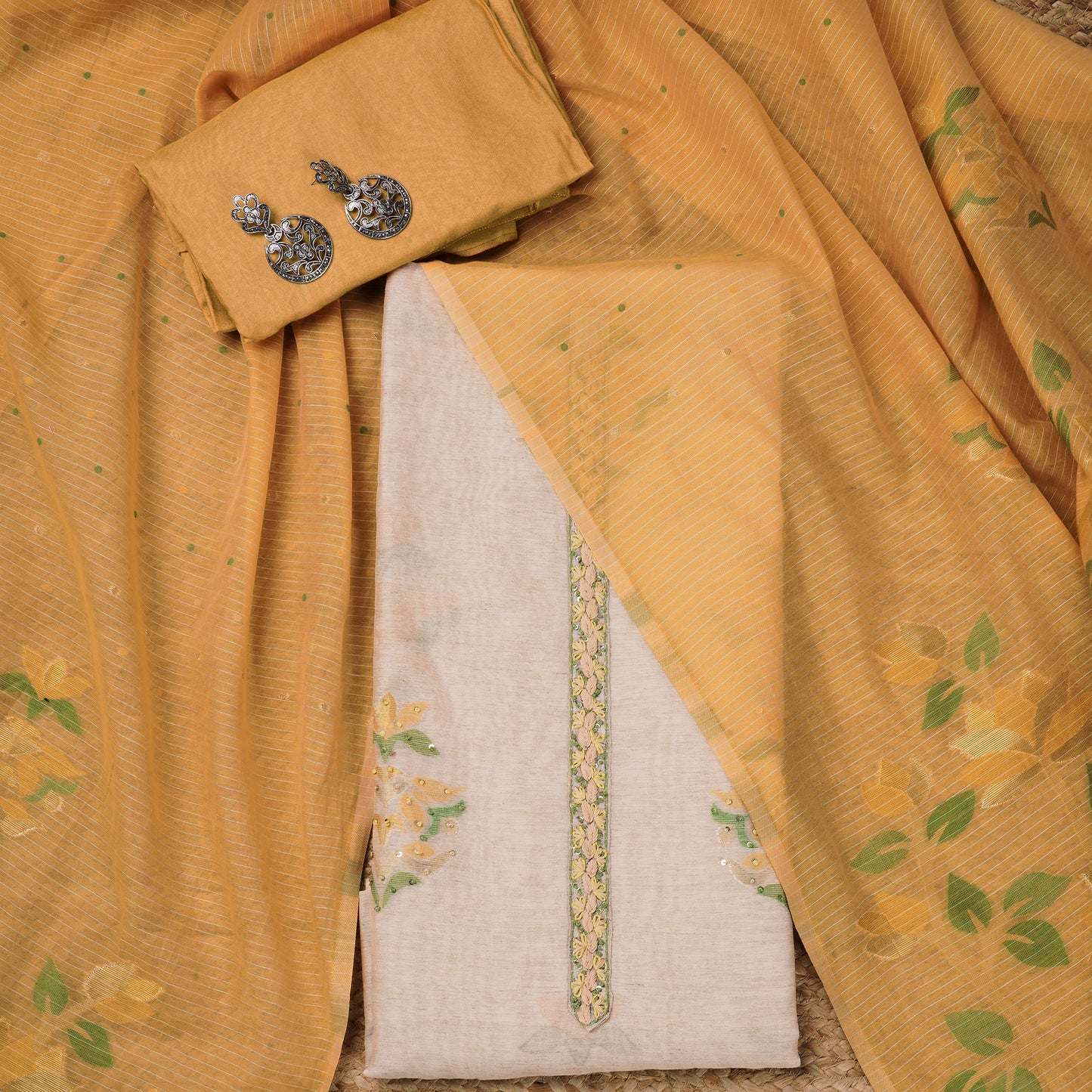 Javer Chanderi Silk Floral Kantha Work Unstitched Dress Material for Women