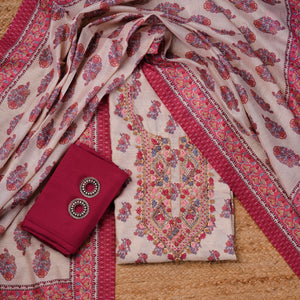  - Javer Unstitched Dress Material - Jaipuri Print Chanderi Silk Kantha & French knots Work