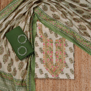  - Javer Unstitched Dress Material - Jaipuri Print Chanderi Silk Kantha & French knots Work