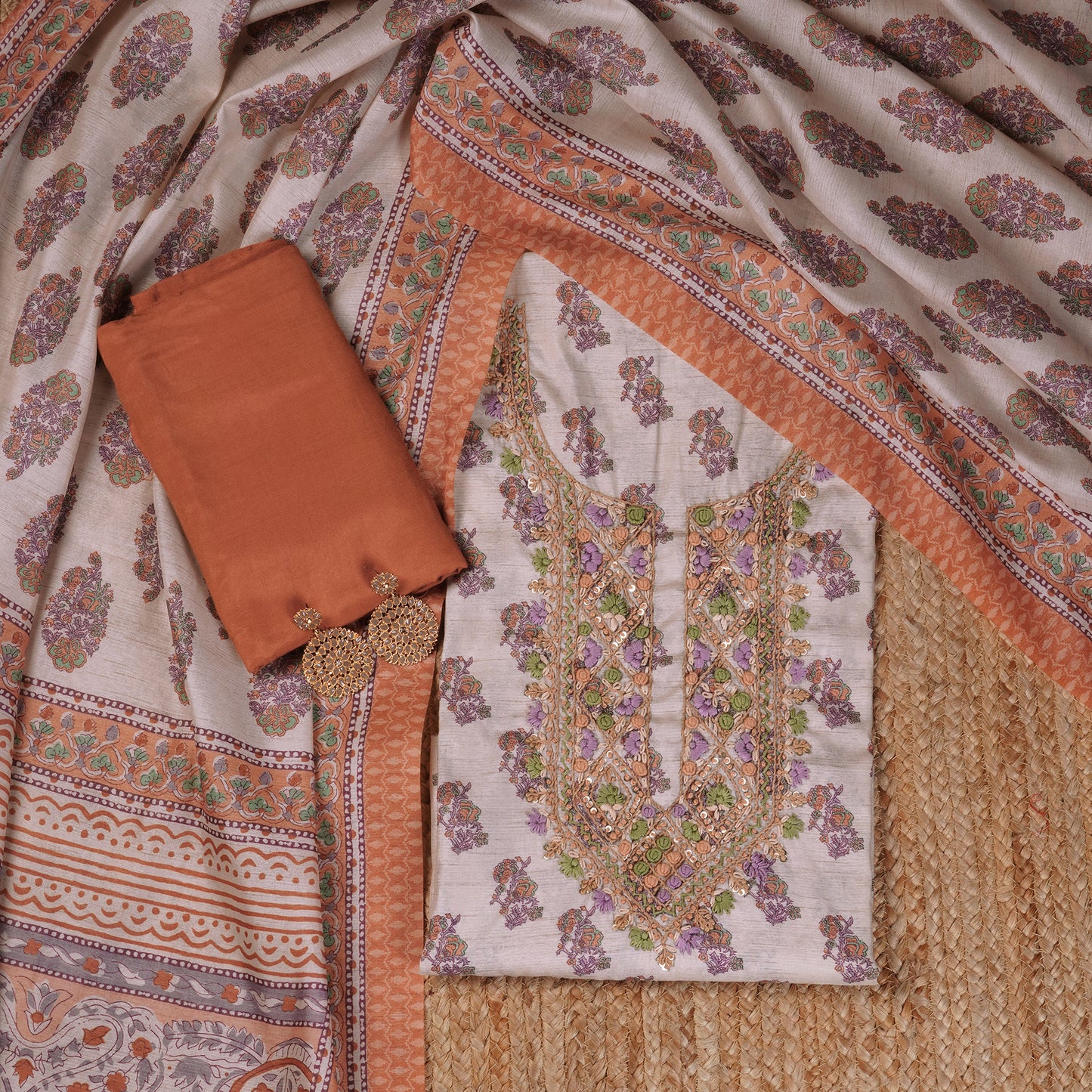 Javer Jaipuri Print Chanderi Silk Kantha & French knots Work Unstitched Dress Material