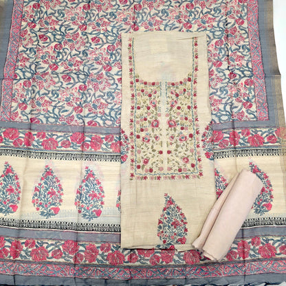 Javer Chanderi Silk Floral French Knots Dress Material for Women