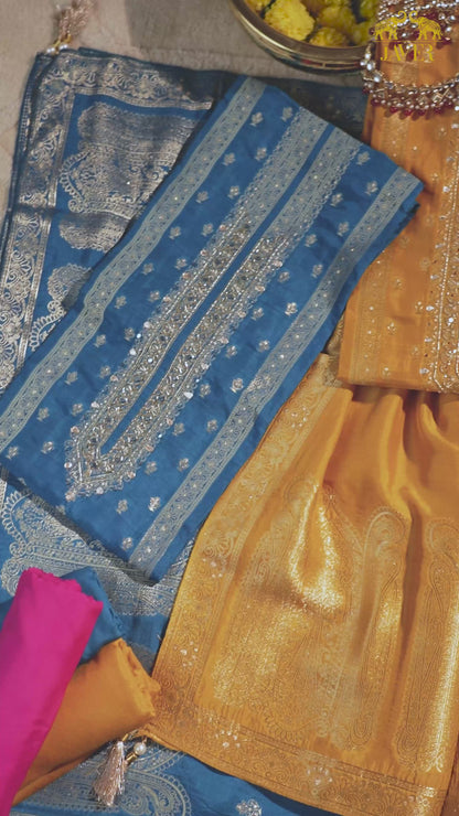 Javer Banarasi Silk Woven Zardosi Work & Golden foil Dress Material