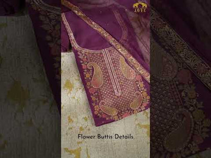Javer Banarasi Silk  Golden Foil Flower Buttis Unstitched 3pcs Suit Set for Women